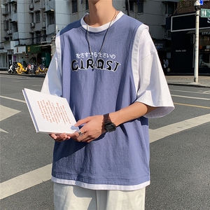 夏季港风韩版宽松圆领假两件T恤情侣短袖上衣男T532 P35控48图片