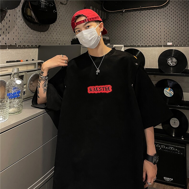港风夏装新款麂皮绒印花可拆卸圆领宽松短袖T恤男背心潮 D286 P38图片