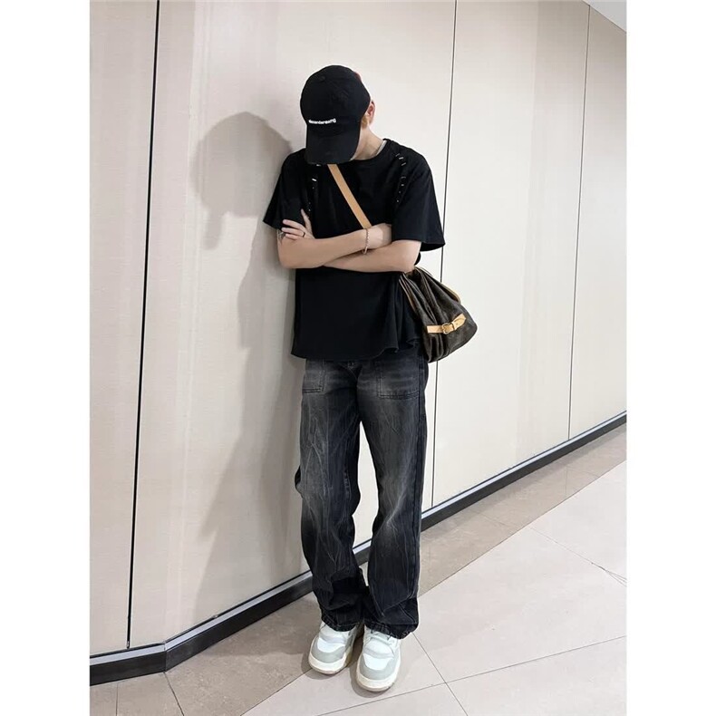 美式复古黑色水洗宽松直筒阔腿牛仔裤男女高街vibe裤拖地长裤潮牌,男装牛仔裤,星座506A