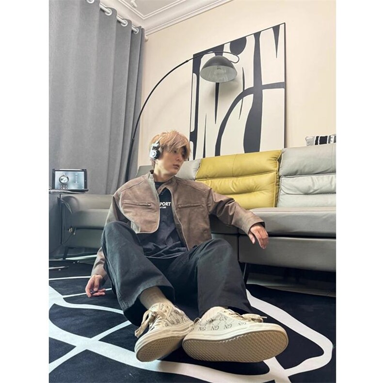 网图美拉德美式咖色皮衣外套男高级感飞行夹克机车情侣棒球服,男装皮衣,四季星座505