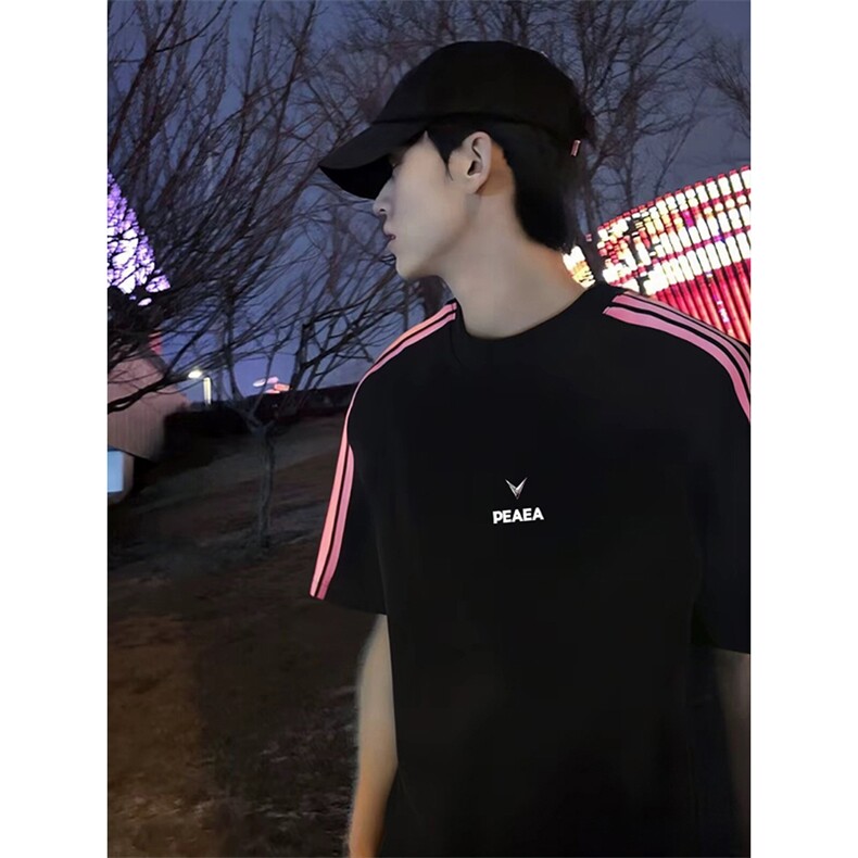 抖音得物品质二开240克宽松纯棉美式潮牌印花三条杠中性风短袖T恤，男装T恤，电商A486-1