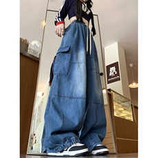 秋季新款港风美式拼接款oversize阔腿拖地休闲牛仔裤ZK3830-P40，男装牛仔裤，星座313A(原308A-2)