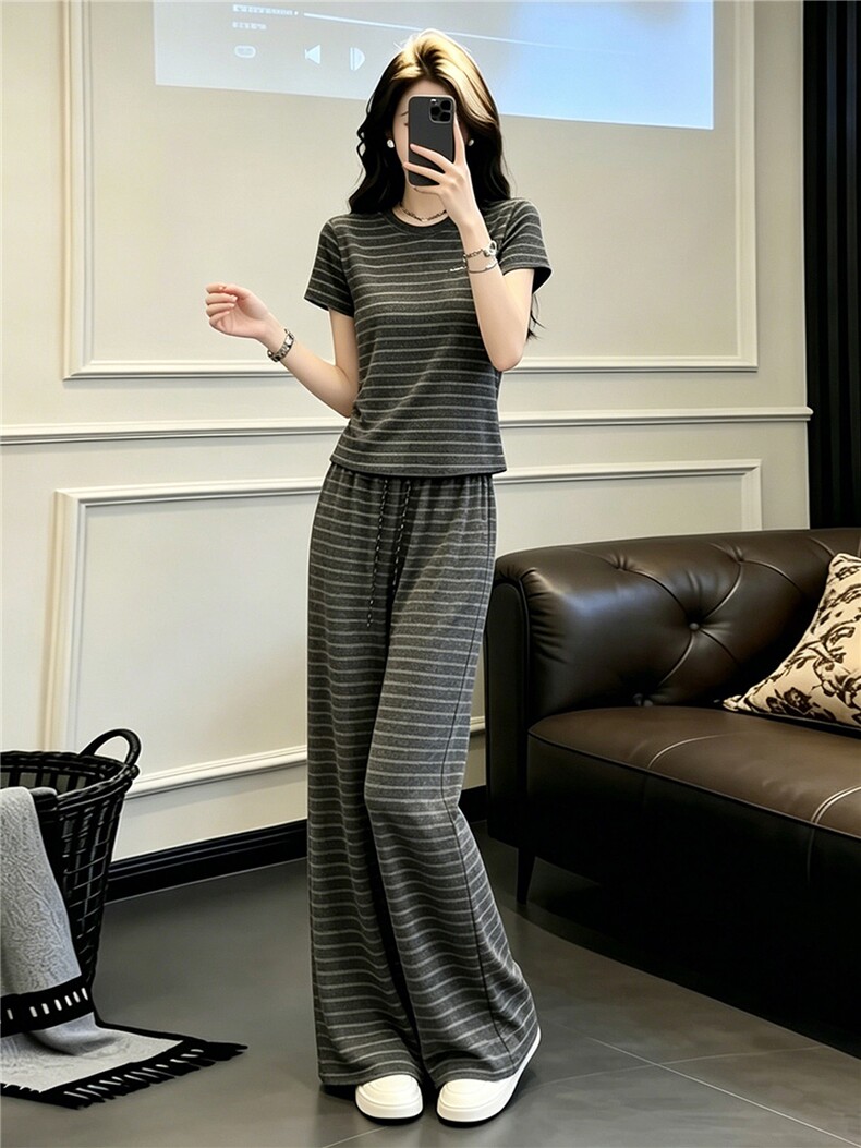 欧货时尚休闲套装女夏季新款圆领条纹撞色短袖上衣阔腿长裤两件套,女装套装/套裙,江南