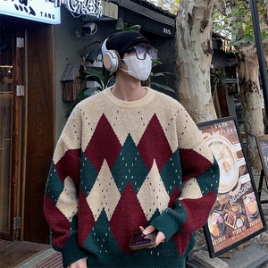 冬季新款菱格设计感毛衣潮流宽松休闲慵懒风圆领针织衫图片