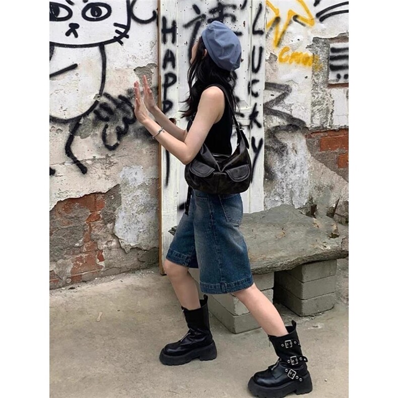 2025夏季新款复古辣妹牛仔短裤女韩版高腰设计感宽松阔腿五分中裤,男装牛仔裤,星座1210-1