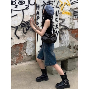 2025夏季新款复古辣妹牛仔短裤女韩版高腰设计感宽松阔腿五分中裤图片