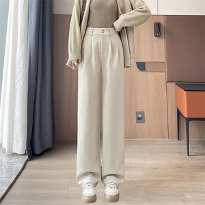 毛呢裤子阔腿裤女秋冬小个子大码直筒窄版高腰西装拖地长裤图片