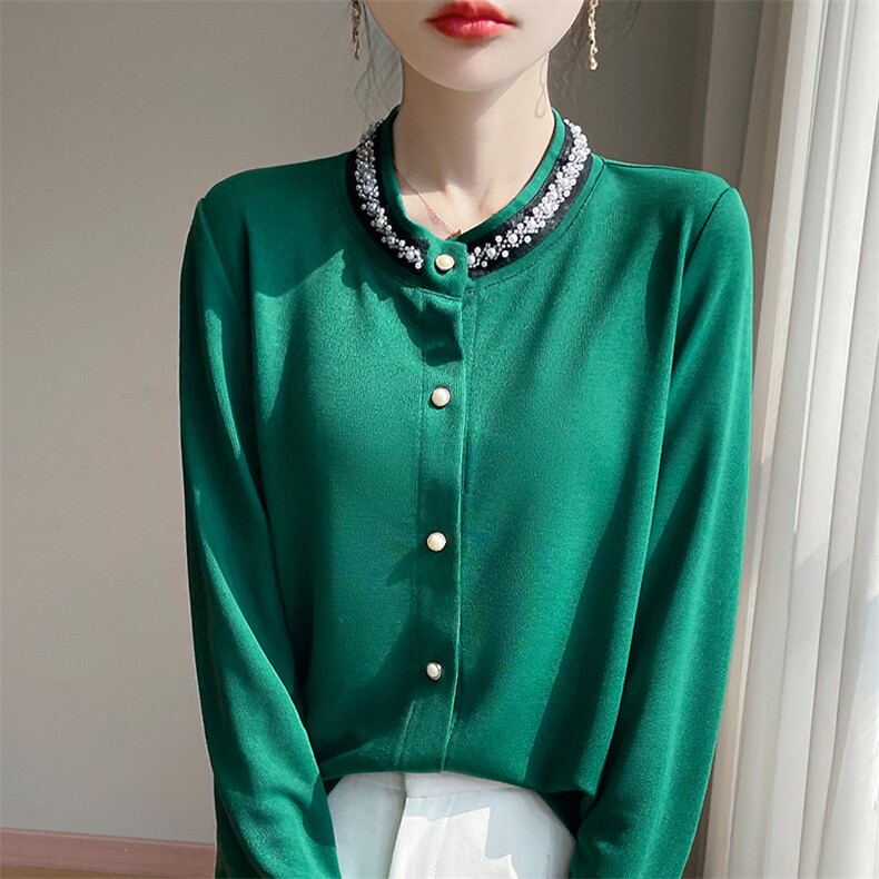 韩版时尚简约百搭珍珠领长袖开衫衬衣,女装衬衫,圣丽羊绒