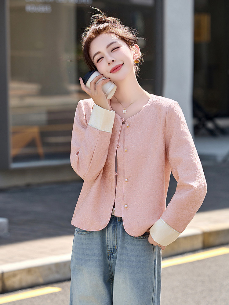 新中式国风粉色短外套女2025春新款小个子高级感独特漂亮百搭上衣,女装短外套,橙子家