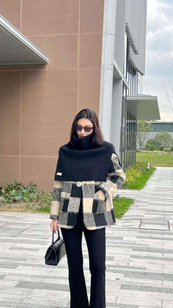 韩系复古格纹毛呢羽绒外套，其它，祖玛