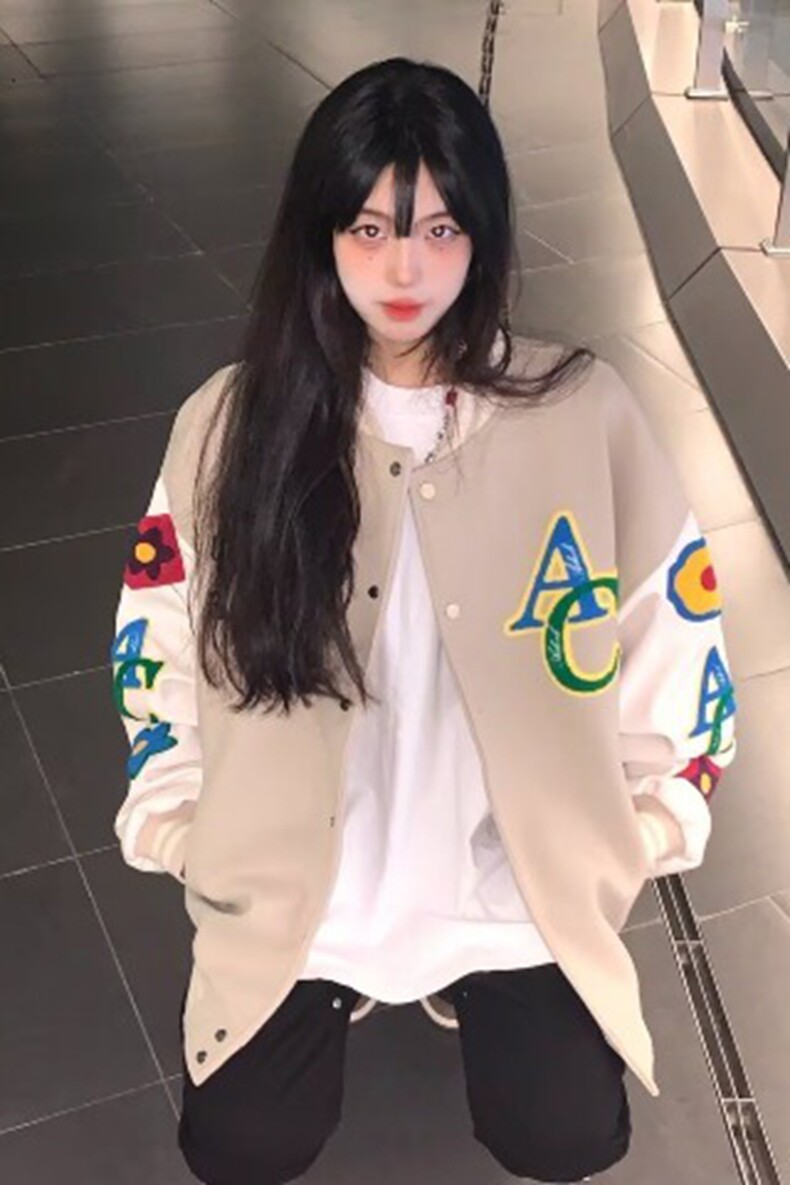 美式休闲彩虹碎花系列毛巾绣植绒夹克杏色单排扣棒球服外套,女装卫衣/绒衫,星座218-8