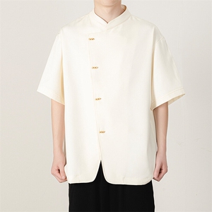 风新款男士大码立领短袖竹子木纹纹扣简约上衣T2522-P60控88图片