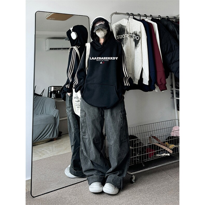 抖音得物供货提供视频秋冬重磅美式宽松织带连帽卫衣0429，男装卫衣，电商A486