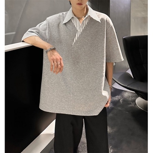 美式假两件POLO衫男夏季翻领条纹衬衫领拼接短袖T恤513DT3496P35图片