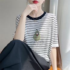 竹节麻卡通牛油果条纹短袖，女装针织衫/毛衣，暖娇绒包芯纱店