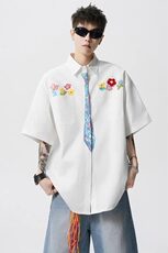 学院风花朵领带短袖衬衫黑色白色原版高质量，男装T恤，星座218-1（原230）