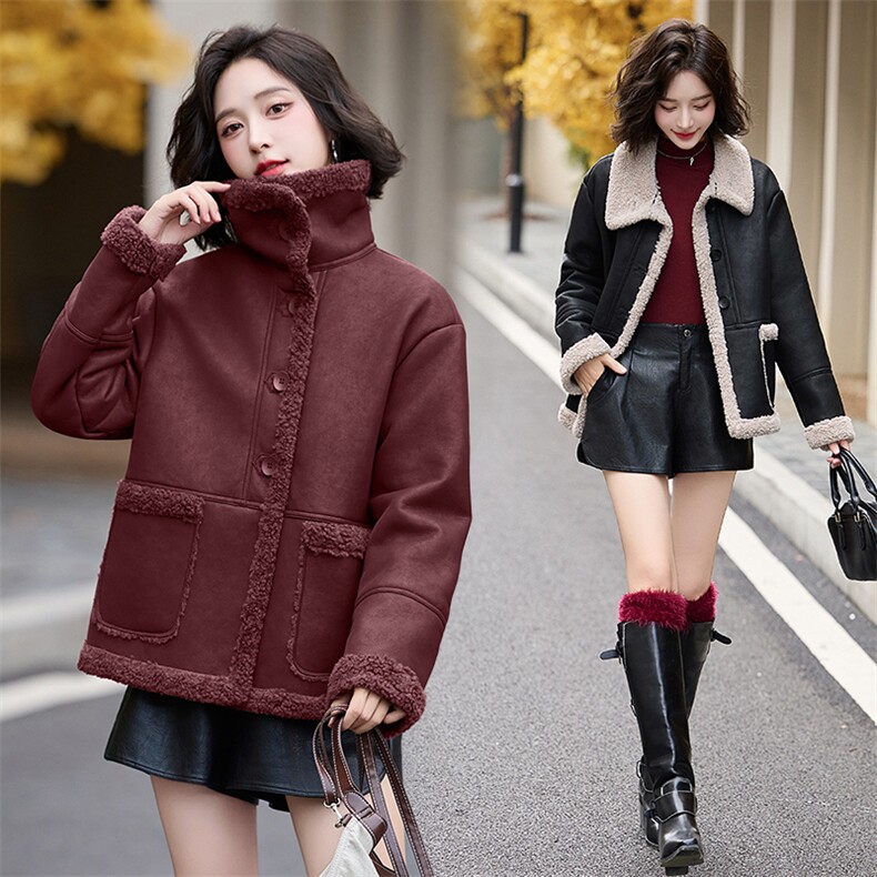 皮毛一体仿羊羔毛外套女短款2024新款秋冬季加绒机车服加厚皮夹克,女装羊羔毛/颗粒绒,潮流依族