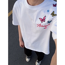 美式高街蝴蝶字母刺绣短袖t恤女夏季宽松高级情侣款潮牌纯棉上衣，男装T恤，四季星座505