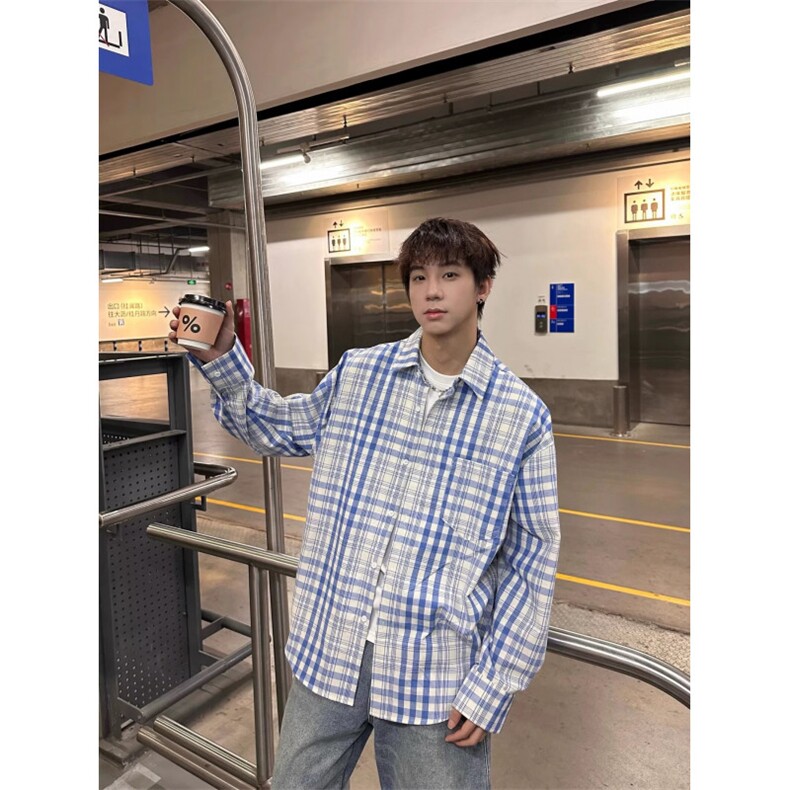 美式复古街头格纹撞色长袖衬衫男宽松春秋季休闲百搭衬衣CS560,男装衬衫,星座516A