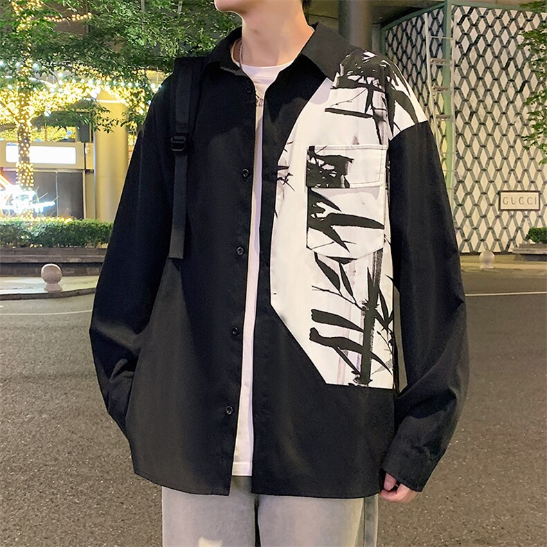 特批P28无差价秋季新中式水墨画拼接风设计感衬衫外套男士C2522,男装衬衫,电商A001-1