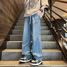 现货牛仔裤男女夏季潮牌美式设计感阔腿裤高街百搭休闲裤子，男装牛仔裤，星座218-1（原230）