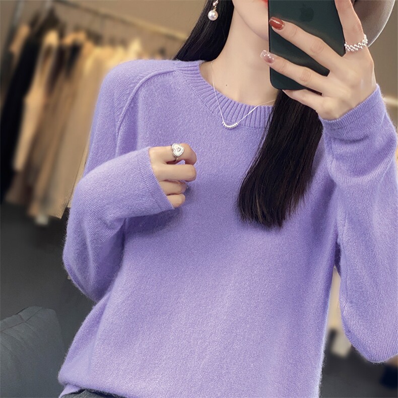长袖圆领纯色2024年秋季时尚气质百搭简约羊毛针织衫,女装羊毛衫,暖圣羊羊绒