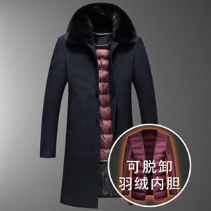 长款羊毛羽绒大衣男-可脱内胆！8015/P240老年人长款呢大衣男爸爸图片