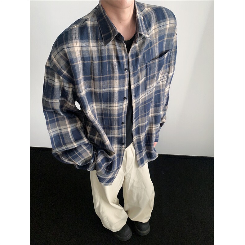 现货~格子大码长袖衬衫C5886/特P23藏青色,男装衬衫,电商A094