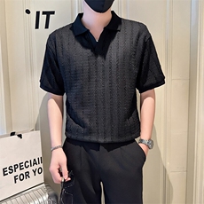 店主风社会小伙男士镂空纯色V领POLO衫男T恤301A-1/PL101/P48，男装T恤，星座301A-1