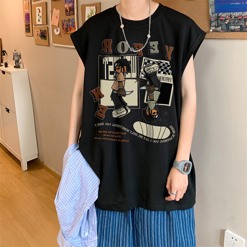 抖音供货、200克现货全棉印花背心宽松无袖T恤D223A-BX2303-P25,男装背心/马甲,电商019-1