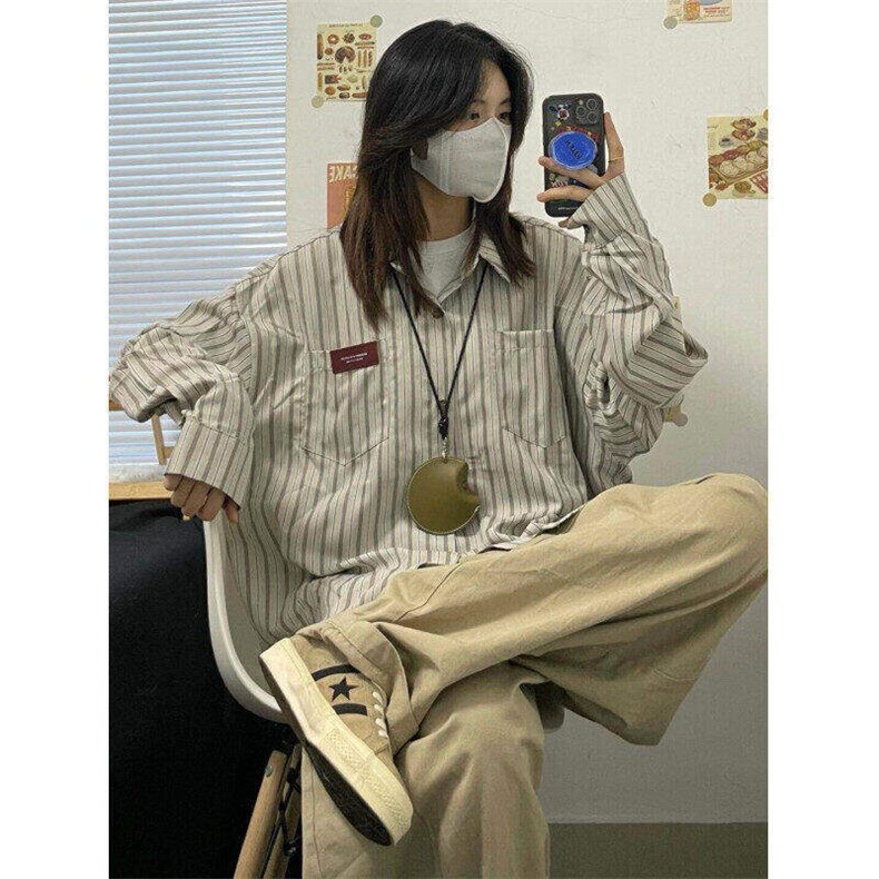 日系复古港风条纹衬衫男女长袖少年感中性宽松上衣男LC522-p37,男装衬衫,星座1008