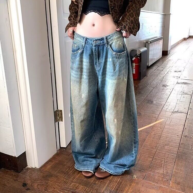 美式高街复古做旧水洗蓝泼墨设计破洞牛仔裤男女宽松直筒长裤,男装牛仔裤,星座1210-1