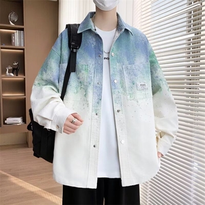 渐变色长袖衬衫外套男2025春季新款高级感牛仔夹克青少年休闲衬衣图片