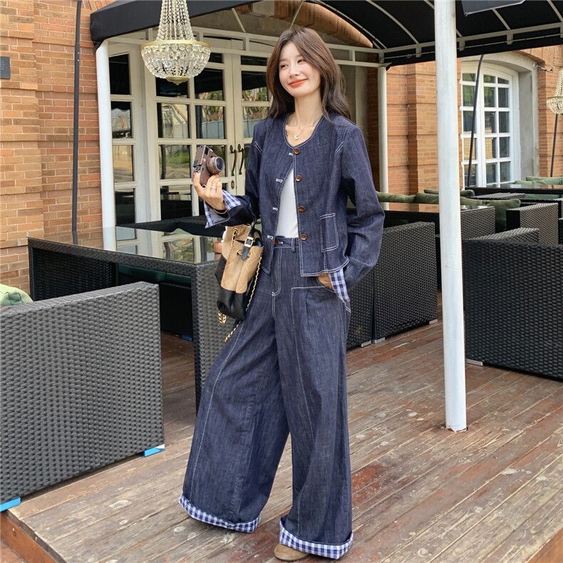 现货新款牛仔外套阔腿裤两件25091P175K,女装套装/套裙,2D035