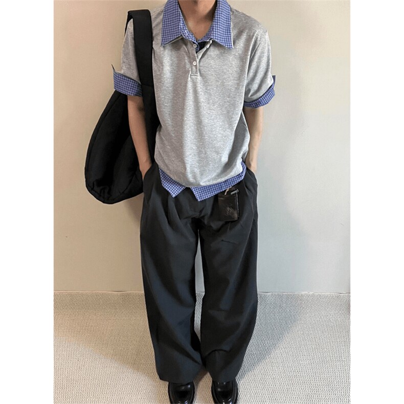 得物抖音高品质二开夏季美式潮牌高街假两件格子衬衣翻领短袖T恤,男装T恤,电商A486