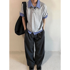 得物抖音高品质二开夏季美式潮牌高街假两件格子衬衣翻领短袖T恤，男装T恤，电商A486