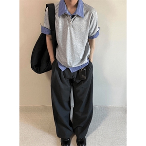 得物抖音高品质二开 夏季美式潮牌高街假两件格子衬衣翻领短袖T恤图片