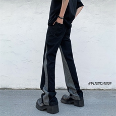B221美式ins高街小众情侣个性款拼接微喇牛仔裤LK23095-P65控88，男装牛仔裤，电商B221