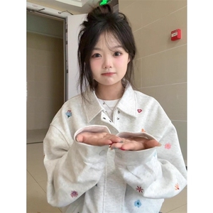 潮牌美式高街花卉刺绣夹克外套女宽松设计感小众开衫拉链上衣服