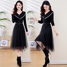 2024秋装新款时尚简约气质淑女风网纱两件套，女装套装/套裙，魅丽静蓝