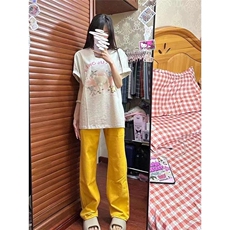 牛仔裤女2025新款夏季美式高街复古黄色休闲窄版直筒阔腿裤子潮流，男装牛仔裤，星座506A