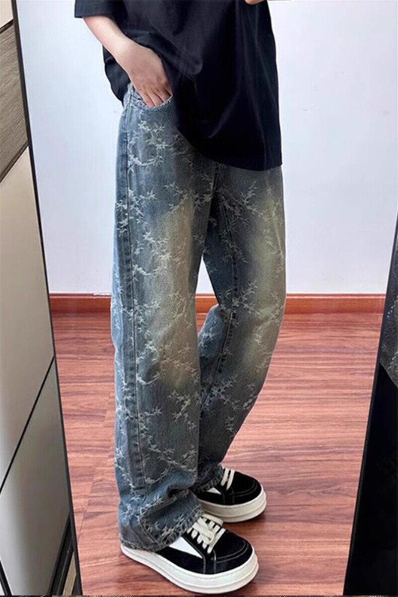 复古蓝满印提花牛仔裤高级感裤子美式高街直筒微喇裤NZ0033特P50,男装牛仔裤,星座908-1