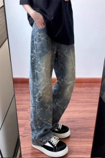 复古蓝满印提花牛仔裤高级感裤子美式高街直筒微喇裤NZ0033特P50，男装牛仔裤，星座908-1