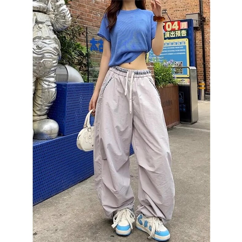 时尚撞色格子腰头刺绣字母抽绳阔腿裤女夏季宽松显瘦直筒休闲长裤图片