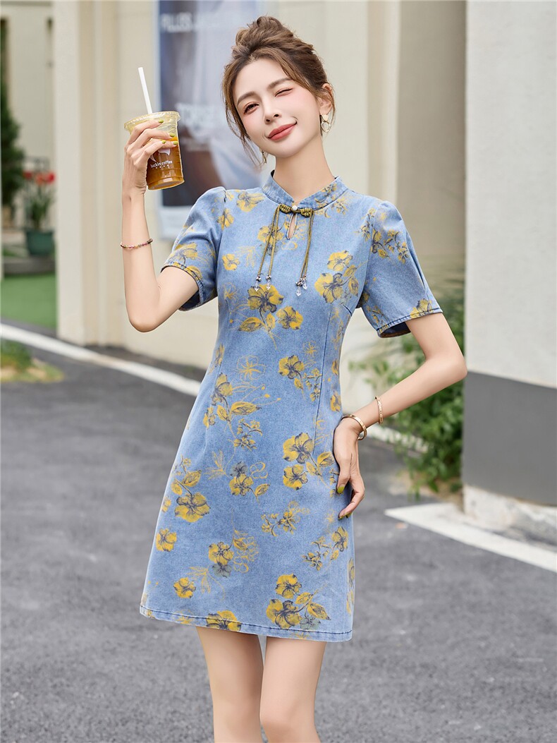8903-878夏季新款韩版2025宽松休闲短袖翻领黄花牛仔连衣裙女,女装连衣裙,依多米