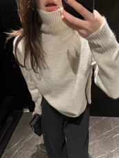 高领针织衫女加厚落肩秋冬宽松大码毛衣打底衫慵懒风，女装针织衫/毛衣，半城羊绒