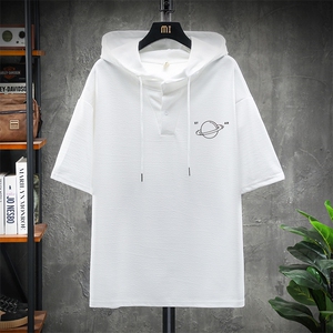 LD54238-P45连帽短袖t恤男大码胖子带帽五分袖中袖展架