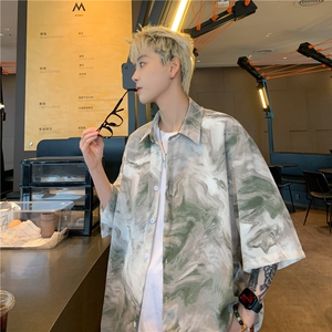 冰丝扎染短袖衬衫男士潮流ins潮牌夏季半袖痞帅休闲工装衬衣外套