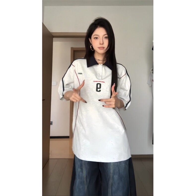 BK909CC-特P46 美式复古字母拼接运动polo短袖t恤男女图片