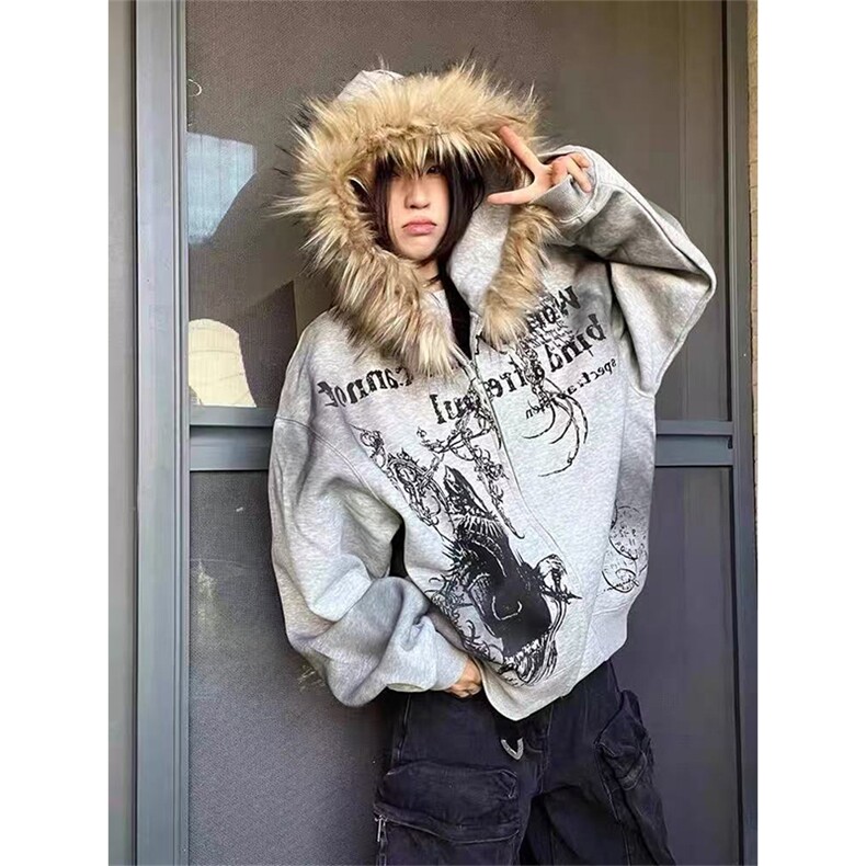 网图有货 美式复古毛领拉链开衫涂鸦印花连帽卫衣男女 A1281-P66图片